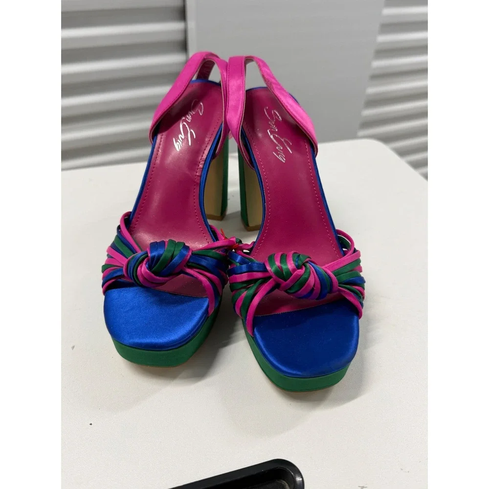 Shoe Envy Multi-Color Satin Platform Block Heels Pink Blue Green Size 6.5